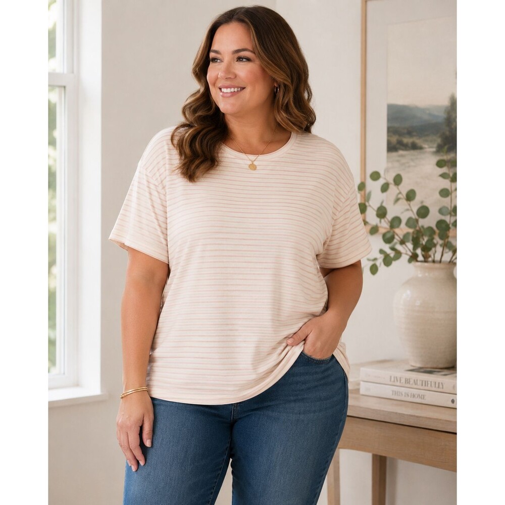 Lauren Ralph Lauren Women's 2X Cream Pink Stripe Short Sleeve Crewneck Knit Tee